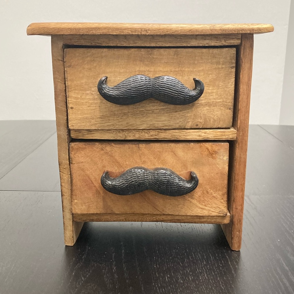 Wooden mustache jewelry box with 2 drawers